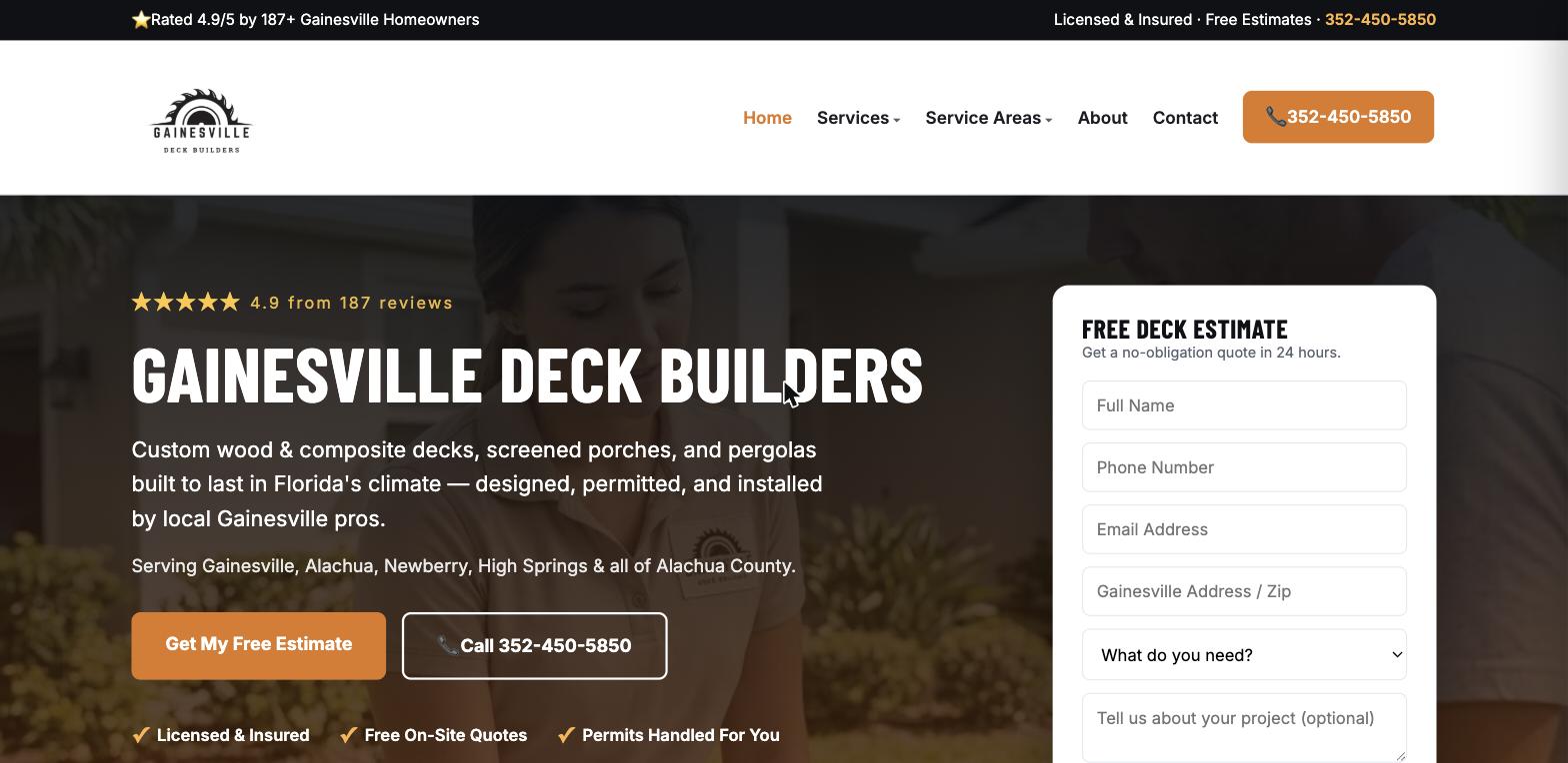 Gainesville Deck Builders website screenshot