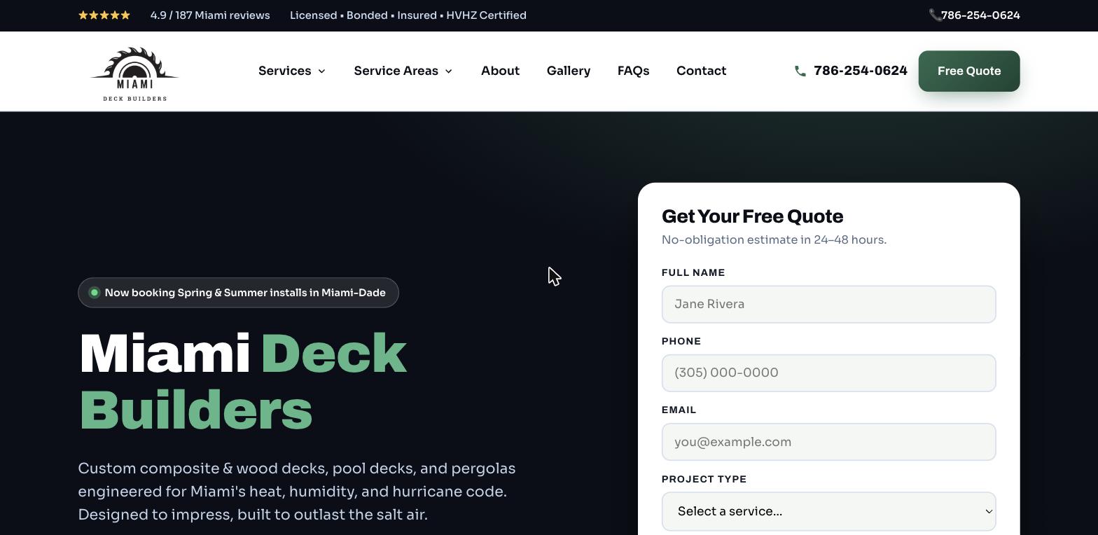 Miami Deck Builders website built by Dominate Solutions