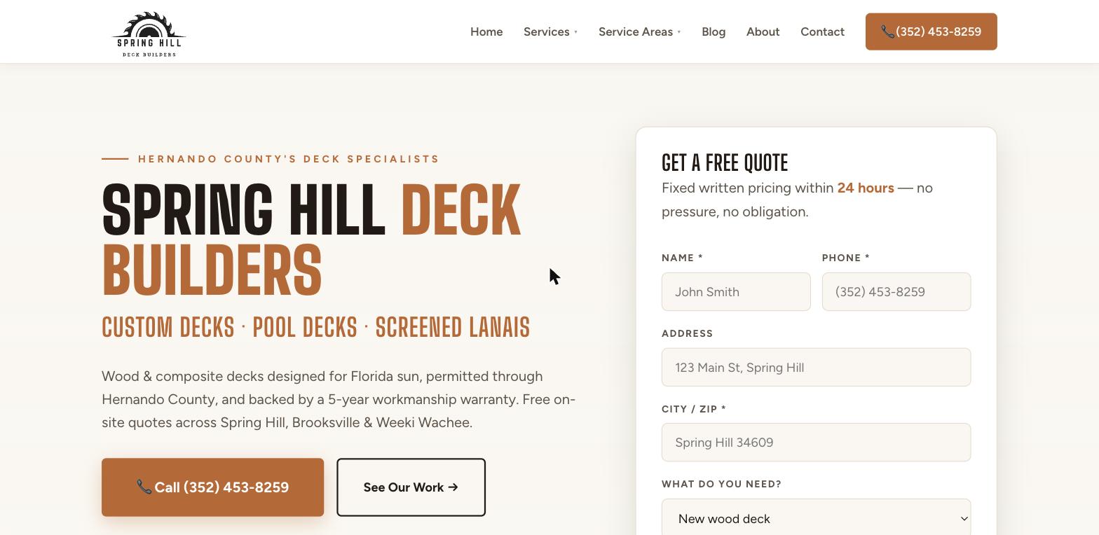 Spring Hill Deck Builders website built by Dominate Solutions
