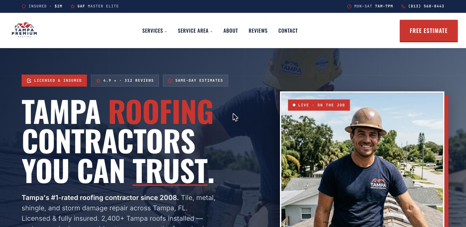 Tampa Premium Roofing website built by Dominate Solutions